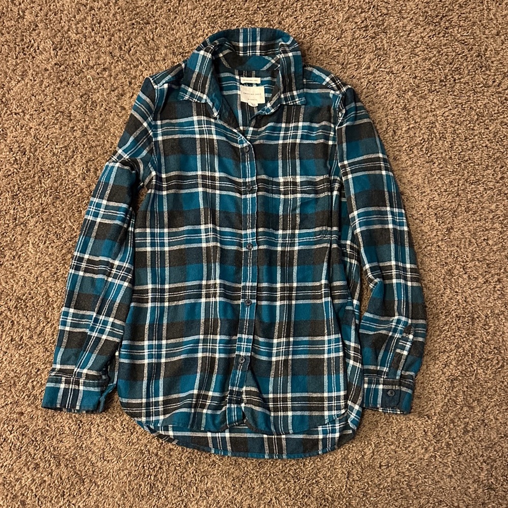 American Eagle Outfitters Teal and Black Plaid Shirt